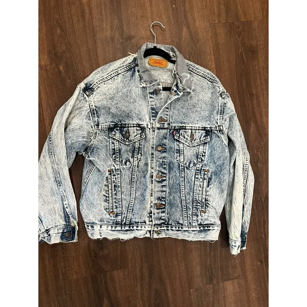 Vintage Levis Jacket Mens large Acid Wash Denim Trucker Made USA 70507 0219 80s - Picture 1 of 12